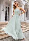 A-line Scalloped Neck Sleeveless Long/Floor-Length Chiffon Bridesmaid Dresses With Pleated Miah STKP0025366