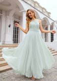 A-line Scalloped Neck Sleeveless Long/Floor-Length Chiffon Bridesmaid Dresses With Pleated Miah STKP0025366