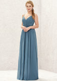 A-line V Neck Sleeveless Chiffon Long/Floor-Length Bridesmaid Dresses With Pleated Miranda STKP0025370