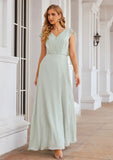 A-line V Neck Sleeveless Long/Floor-Length Chiffon Bridesmaid Dresses With Pleated Split Nan STKP0025372