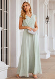 A-line V Neck Sleeveless Long/Floor-Length Chiffon Bridesmaid Dresses With Pleated Split Nan STKP0025372