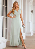 A-line V Neck Sleeveless Long/Floor-Length Chiffon Bridesmaid Dresses With Pleated Split Nan STKP0025372