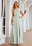 A-line V Neck Sleeveless Long/Floor-Length Chiffon Bridesmaid Dresses With Pleated Split Nan STKP0025372