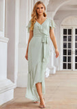 Sheath/Column V Neck Short Sleeve Asymmetrical Chiffon Bridesmaid Dresses With Ruffles Waistband Split Krista STKP0025375