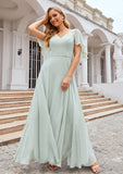 A-line V Neck Short Sleeve Long/Floor-Length Chiffon Bridesmaid Dresses Olympia STKP0025376