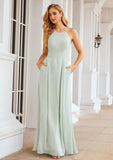 A-line Scoop Neck Sleeveless Long/Floor-Length Chiffon Bridesmaid Dresses With Pleated Pockets Maren STKP0025378