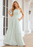 A-line Scoop Neck Sleeveless Long/Floor-Length Chiffon Bridesmaid Dresses With Pleated Pockets Maren STKP0025378