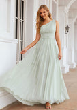 A-line One-Shoulder Sleeveless Chiffon Long/Floor-Length Bridesmaid Dresses With Pleated Jaliyah STKP0025382