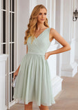 A-line V Neck Sleeveless Chiffon Knee-Length Bridesmaid Dresses With Pleated Waistband Marissa STKP0025383