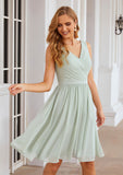 A-line V Neck Sleeveless Chiffon Knee-Length Bridesmaid Dresses With Pleated Waistband Marissa STKP0025383