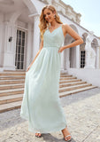 A-line V Neck Sleeveless Chiffon Long/Floor-Length Bridesmaid Dresses With Pleated Adelyn STKP0025385