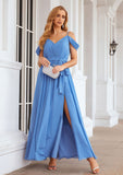 A-line V Neck Sleeveless Chiffon Long/Floor-Length Bridesmaid Dresses With Pleated Waistband Split Chelsea STKP0025387