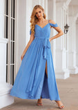 A-line V Neck Sleeveless Chiffon Long/Floor-Length Bridesmaid Dresses With Pleated Waistband Split Chelsea STKP0025387