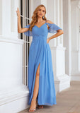 A-line V Neck Sleeveless Chiffon Long/Floor-Length Bridesmaid Dresses With Pleated Split Stella STKP0025388