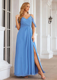 A-line V Neck Sleeveless Chiffon Long/Floor-Length Bridesmaid Dresses With Pleated Split Stella STKP0025388