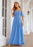 A-line V Neck Sleeveless Chiffon Long/Floor-Length Bridesmaid Dresses With Pleated Split Stella STKP0025388