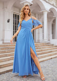 A-line V Neck Sleeveless Chiffon Long/Floor-Length Bridesmaid Dresses With Pleated Split Stella STKP0025388