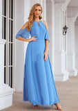 A-line Halter Half Sleeve Chiffon Long/Floor-Length Bridesmaid Dresses Ruth STKP0025391