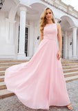 A-line Scalloped Neck Sleeveless Chiffon Long/Floor-Length Bridesmaid Dresses With Beading Sarahi STKP0025393