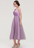 V Neck Sleeveless Tulle Tea-Length A-line/Princess Bridesmaid Dresses With Waistband Beading Pleated Frances STKP0025395