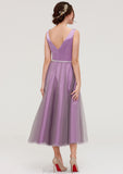 V Neck Sleeveless Tulle Tea-Length A-line/Princess Bridesmaid Dresses With Waistband Beading Pleated Frances STKP0025395