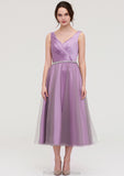 V Neck Sleeveless Tulle Tea-Length A-line/Princess Bridesmaid Dresses With Waistband Beading Pleated Frances STKP0025395