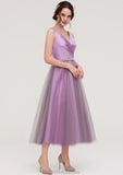 V Neck Sleeveless Tulle Tea-Length A-line/Princess Bridesmaid Dresses With Waistband Beading Pleated Frances STKP0025395