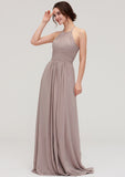 Scoop Neck Sleeveless A-line/Princess Chiffon Long/Floor-Length Bridesmaid Dresseses With Pleated Karla STKP0025399