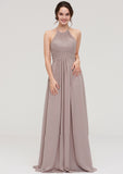 Scoop Neck Sleeveless A-line/Princess Chiffon Long/Floor-Length Bridesmaid Dresseses With Pleated Karla STKP0025399