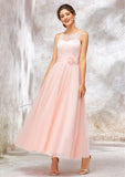 Bateau Sleeveless Tea-Length Tulle A-line/Princess Bridesmaid Dresses With Waistband Lace Violet STKP0025403