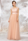 Sleeveless Bateau Long/Floor-Length Tulle A-line/Princess Bridesmaid Dresses With Sashes Lace Elisa STKP0025405