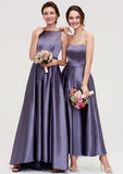 Sweetheart Sleeveless A-line/Princess Satin Ankle-Length Bridesmaid Dresses With Pleated Karlie STKP0025408