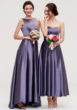 Sleeveless Bateau Ankle-Length Satin A-line/Princess Bridesmaid Dresses With Pleated April STKP0025409