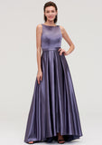 Sleeveless Bateau Ankle-Length Satin A-line/Princess Bridesmaid Dresses With Pleated April STKP0025409