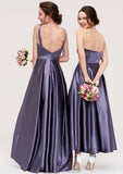 Sleeveless Bateau Ankle-Length Satin A-line/Princess Bridesmaid Dresses With Pleated April STKP0025409