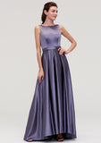 Sleeveless Bateau Ankle-Length Satin A-line/Princess Bridesmaid Dresses With Pleated April STKP0025409