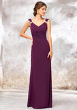 V Neck Sleeveless Long/Floor-Length Sheath/Column Chiffon Bridesmaid Dresses With Sashes Pleated Beading Danica STKP0025412