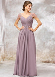 V Neck Long/Floor-Length Chiffon A-line/Princess Bridesmaid Dresses With Pleated Beading Alessandra STKP0025416