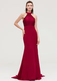 Sleeveless Scoop Neck Court Train Trumpet/Mermaid Chiffon Bridesmaid Dresseses With Lace Angelique STKP0025417