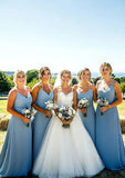 A-line V Neck Sleeveless Court Train Chiffon Bridesmaid Dresses With Pleated Emmy STKP0025419