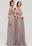 Bateau Sleeveless A-line/Princess Chiffon Long/Floor-Length Bridesmaid Dresses With Pleated Lailah STKP0025420