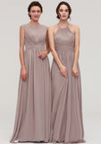 Bateau Sleeveless A-line/Princess Chiffon Long/Floor-Length Bridesmaid Dresses With Pleated Lailah STKP0025420