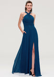 Scalloped Neck Sleeveless A-line/Princess Chiffon Long/Floor-Length Bridesmaid Dresseses With Split Pleated Val STKP0025424