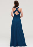 Scalloped Neck Sleeveless A-line/Princess Chiffon Long/Floor-Length Bridesmaid Dresseses With Split Pleated Val STKP0025424