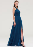 Scalloped Neck Sleeveless A-line/Princess Chiffon Long/Floor-Length Bridesmaid Dresseses With Split Pleated Val STKP0025424