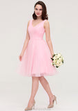 Sleeveless V Neck Knee-Length Tulle A-line/Princess Bridesmaid Dresses With Pleated Baylee STKP0025426