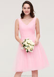 Sleeveless V Neck Knee-Length Tulle A-line/Princess Bridesmaid Dresses With Pleated Baylee STKP0025426