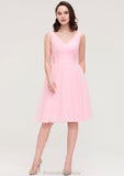 Sleeveless V Neck Knee-Length Tulle A-line/Princess Bridesmaid Dresses With Pleated Baylee STKP0025426