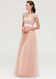 Bateau Sleeveless Tulle A-line/Princess Long/Floor-Length Bridesmaid Dresseses With Sashes Lace Samantha STKP0025427