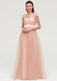 Bateau Sleeveless Tulle A-line/Princess Long/Floor-Length Bridesmaid Dresseses With Sashes Lace Samantha STKP0025427